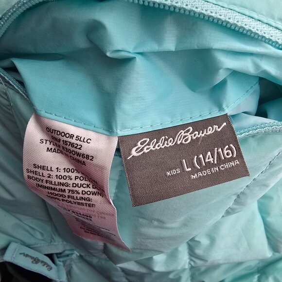 Eddie Bauer REVERSIBLE Soft Aqua Navy Down Winter Puffer Jacket Girls Size 14/16 - Picture 10 of 11